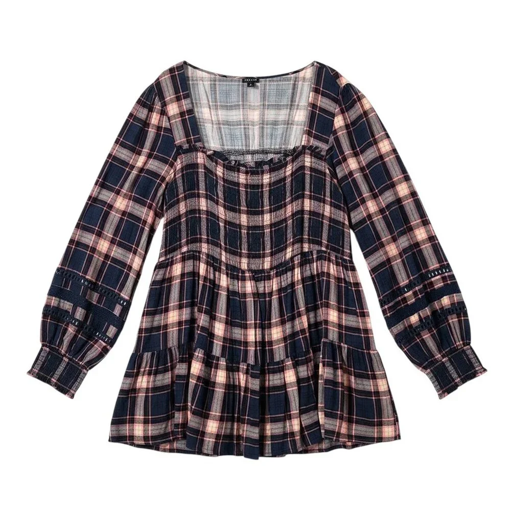 EUC Torrid Babydoll w/ Lace Insert Smocked Tiered Top Blue/Pink Plaid SZ4 ( 26) - Picture 5 of 8